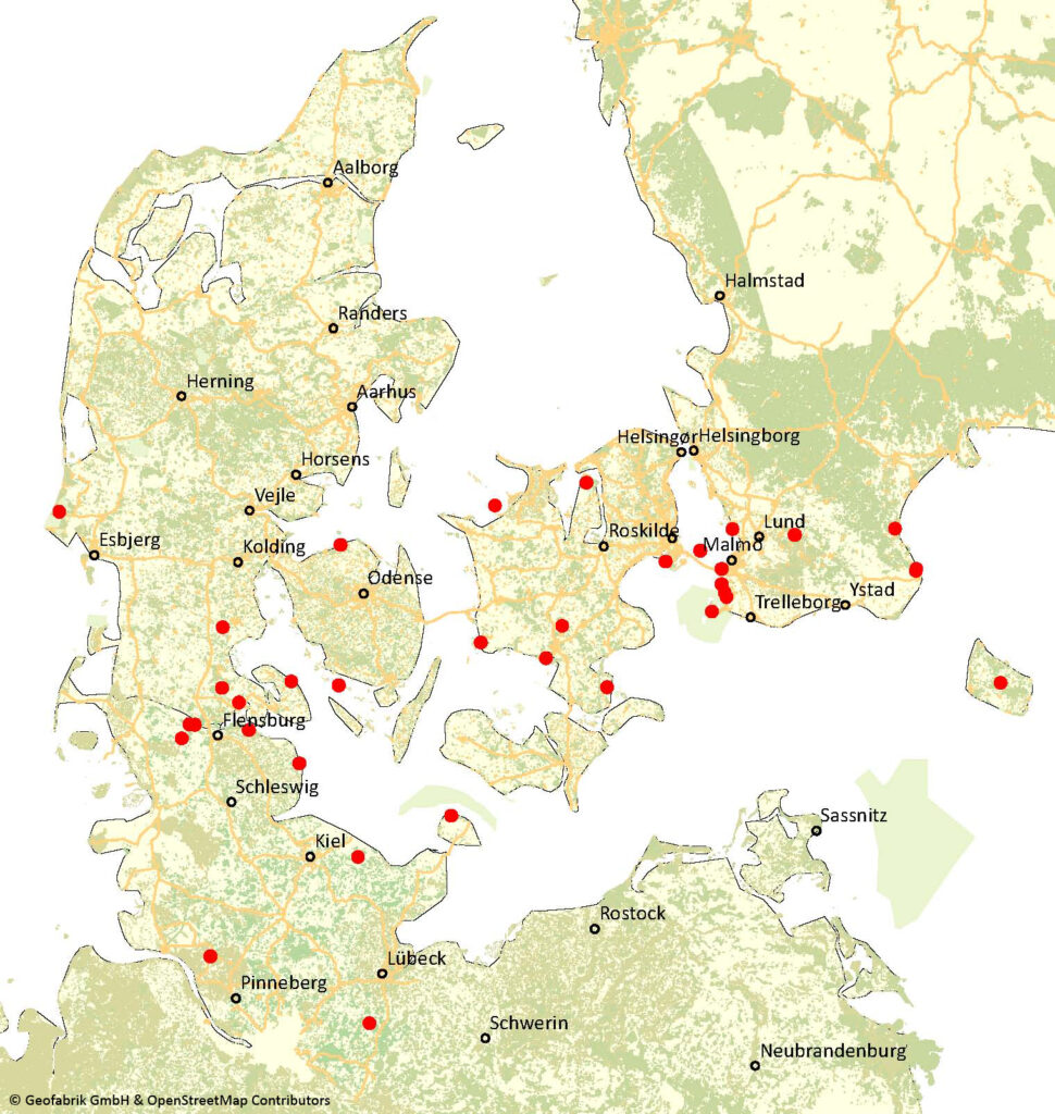Karta visande projektområdena i Sverige, Danmark och Tyskland